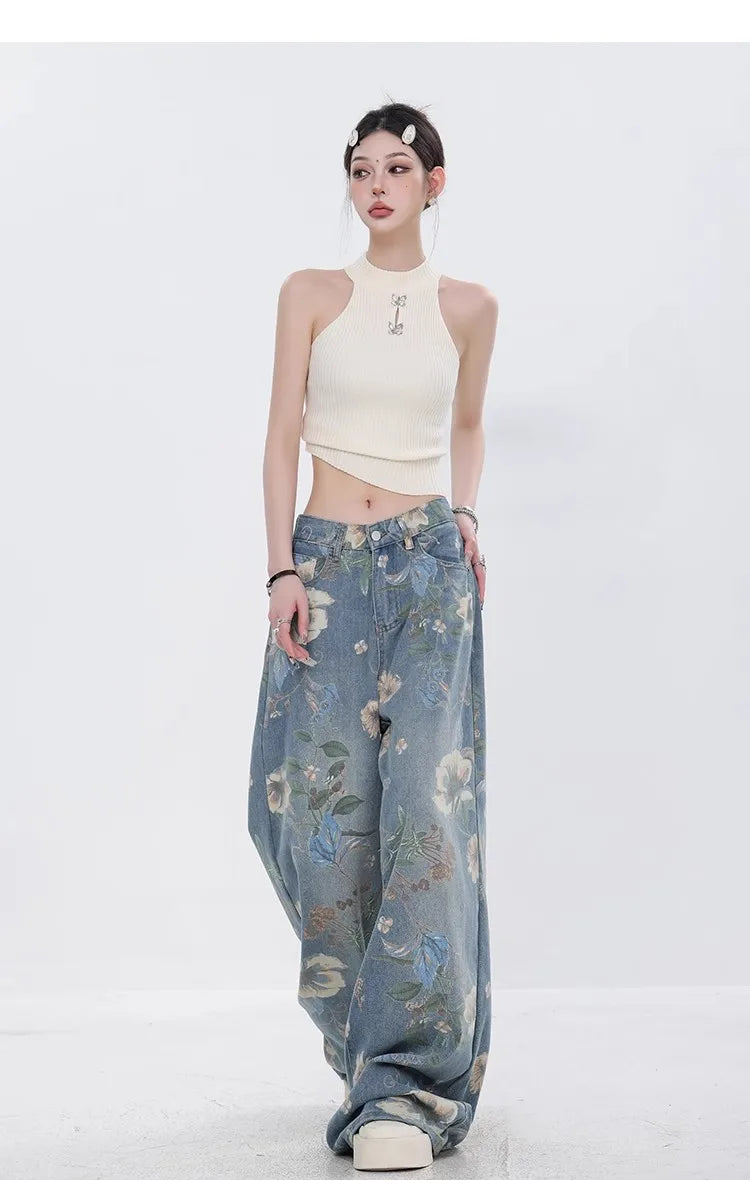 Fashion Printed Jeans 2025 Retro Floral Denim Mopping Trousers Korean Style High Street Loose Hip Hop Wide-leg Jean Pants