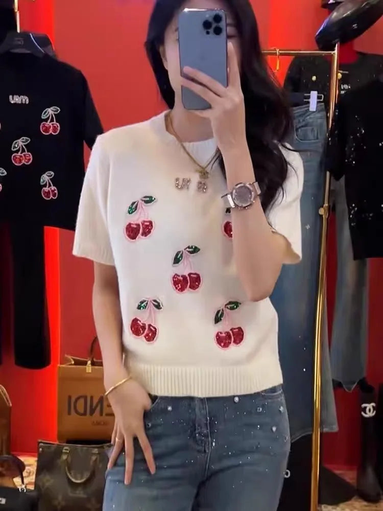 New French High End Cherry Knitted Sweater Women Spring Summer Short Sleeve Fashion Design Sequin Pullover Tops Casual Jumper