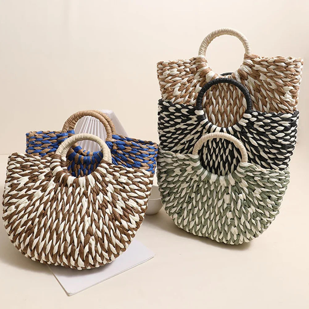 Women Straw Tote Handbag Large Capacity Semi-Circle Woven Bag Color Clash Semicircle Weaving Bag Summer Beach Handbag