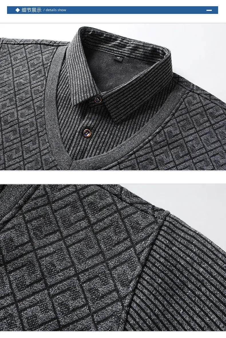 Winter Warm Thick Pullovers Men Polo Neck Fake Two Pieces Sweaters Fashion Casual Striped Fleece Lined Jumper Knitting Sweaters