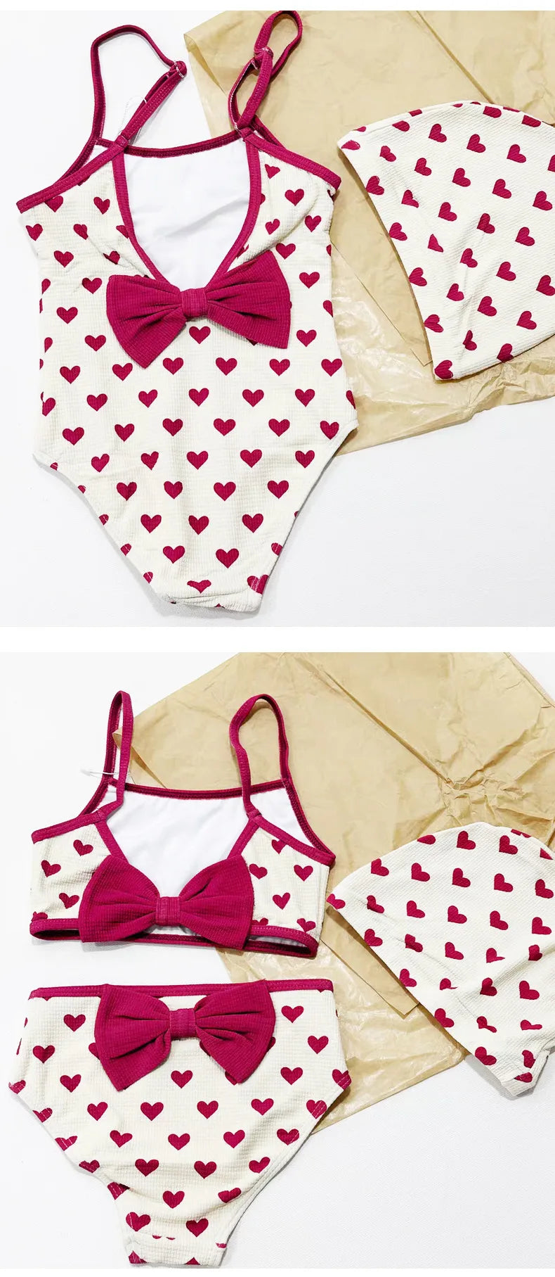 Girls Simple Color Block Swimsuit Heart Print Bikini Set Fashionable Large Bow Knot One-Piece Swimwear Summer Kids Clothing