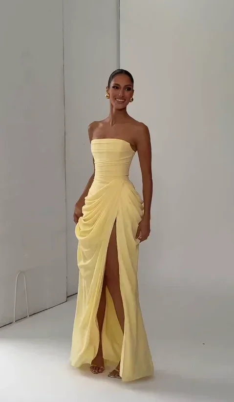 Yellow Strapless Pleated Dress Women Elegant Sexy Sleeveless Waist Cinching Split Maxi Gowns 2026 Lady New Evening Party Dresses