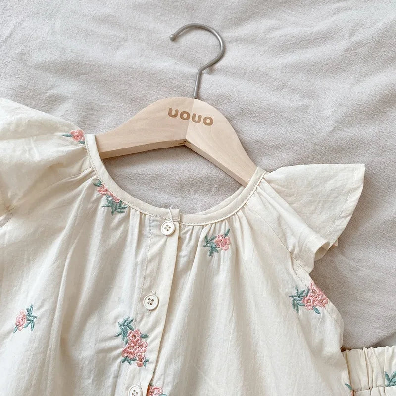 Humor Bear Girls' Clothing Sets Embroidered Children's Flying Sleeve Vest Shorts Kid Clothes Suit