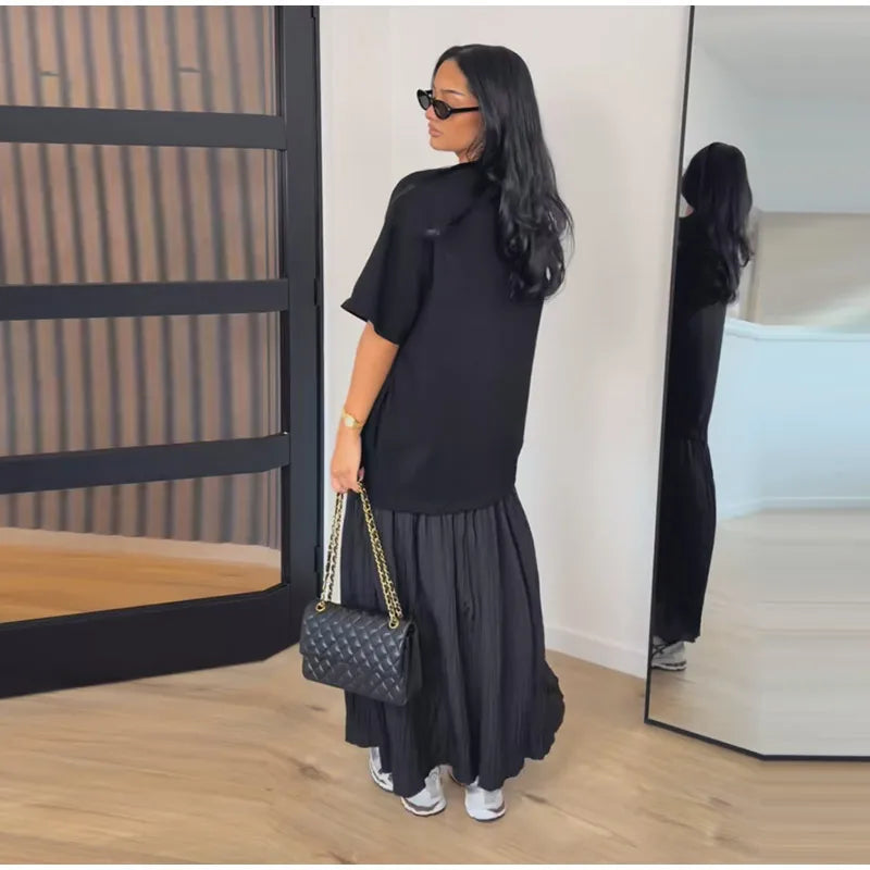 Elegant Women Patchwork Long Dress Short Sleeve O Neck Button A-Line Dresses Spring Summer Vintage Beach Vacation Casual Robes
