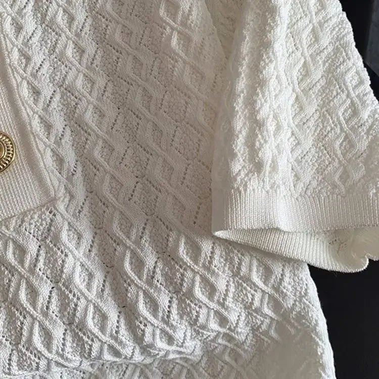 French High end Ice Silk Polo Shirt Women Summer Chic Thin Unique Jacquard Knitted Short Sleeve Loose White T-shirt Women Top