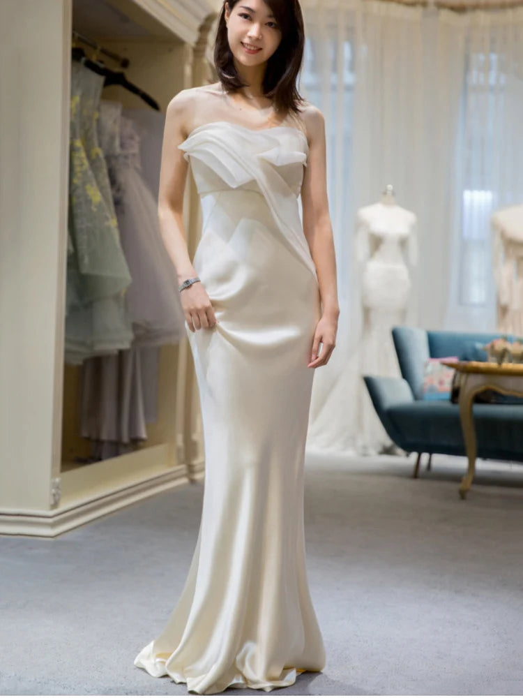 Elegant Long Prom Evening Guest Party Mermaid Trailing Dresses for Women 2022 Summer Satin Sexy Strapless Slim Cocktail Dress
