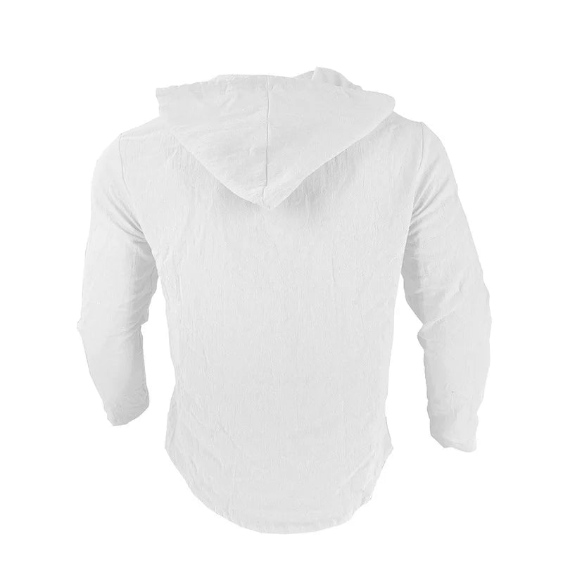 Men's solid color casual shirt, hooded drawstring cotton and linen cardigan, trendy and versatile loose beach T-shirt
