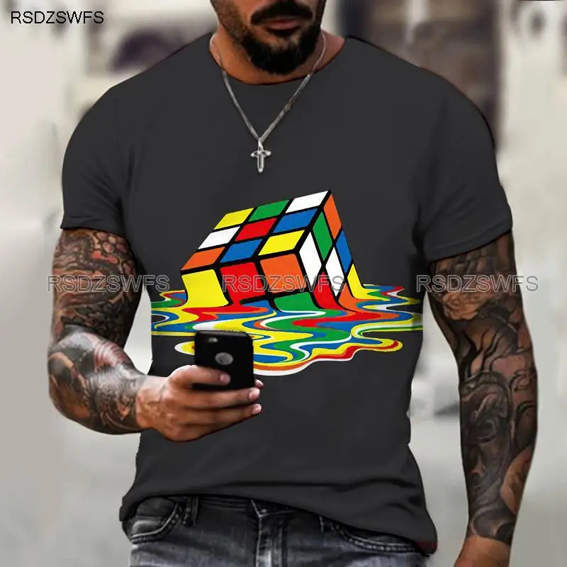 Men's Shirt Exclusive Design Melting Rubik's Cube 3D Printing Printing Trendy Brand Shirt Round Neck T-shirt Oversize 5XL