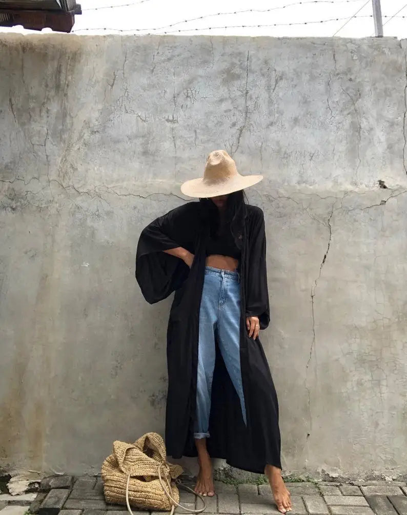 Solid Beach Cover Up Women Self Belted Wrap Kimono Dress Swimsuit 2025 New Robe Summer Beachwear Factory Supply