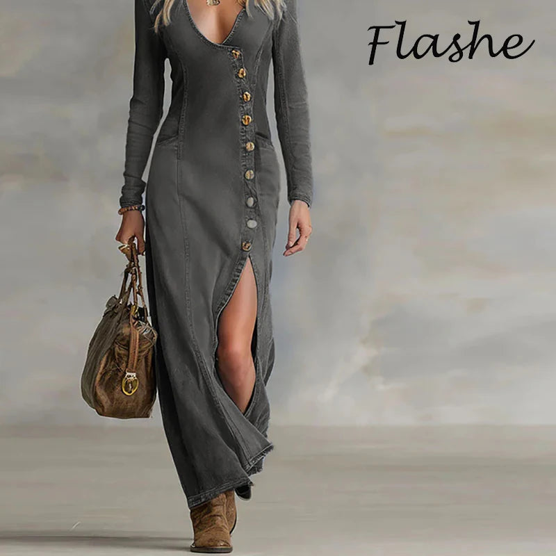New Fashion Jean Long Dress Women V Neck Long Sleeve Breasted Front Split Up Party Dresses For Women Spring Autumn Denim Dress