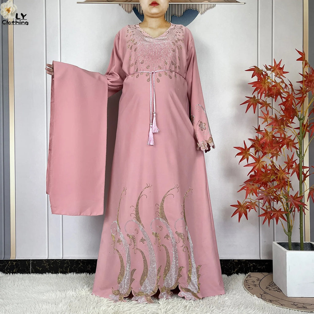 2025New Dubai Muslim Women Elegant Dress African Abaya Loose Butterfly Pattern Diamond Islamic Long Sleeve Turkey Femme Clothing