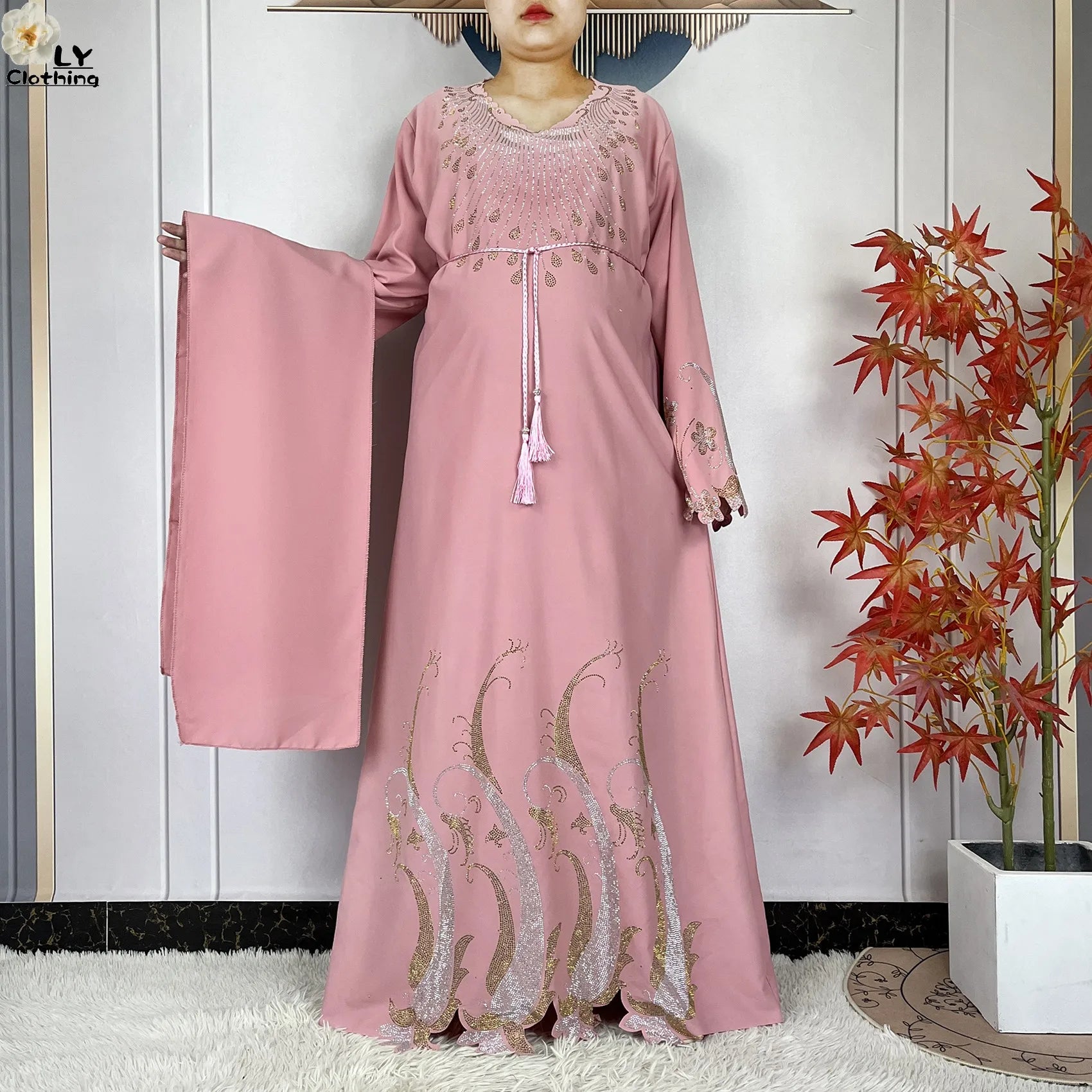 2025New Dubai Muslim Women Elegant Dress African Abaya Loose Butterfly Pattern Diamond Islamic Long Sleeve Turkey Femme Clothing