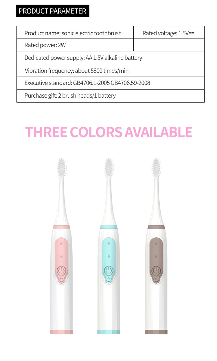 Sonic Electric Toothbrush for Men and Women Adult Household Non Rechargeable Soft Hair IPX6 Waterproof