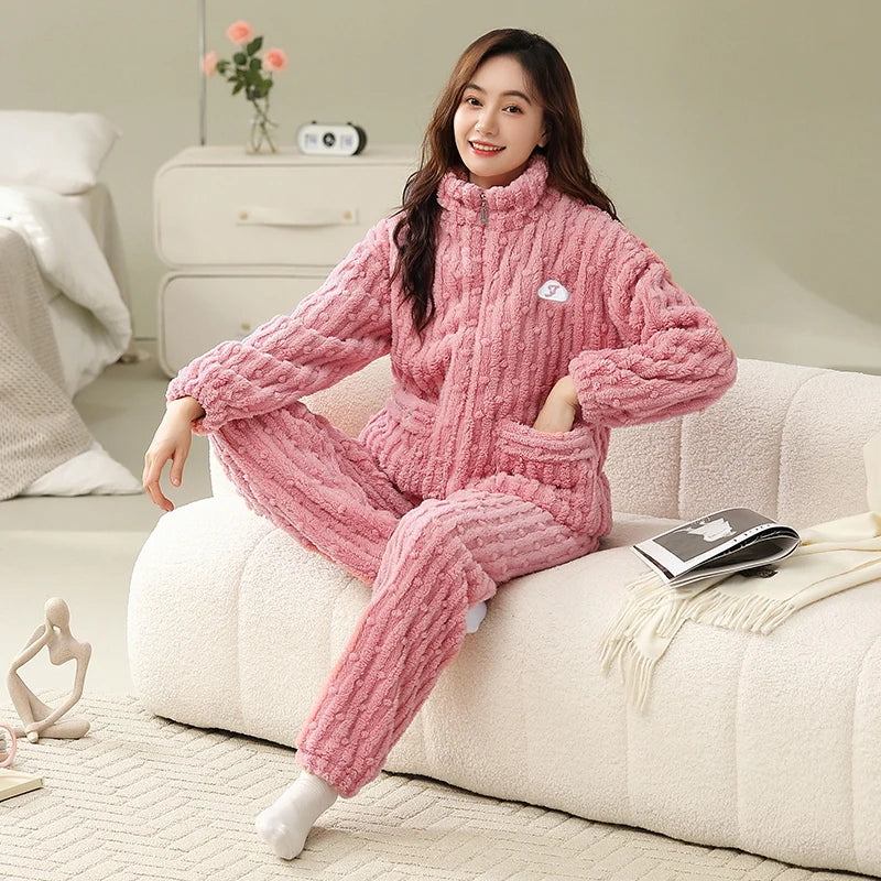 Women's Winter Flannel Pajamas Set Standing Neck Zippered Cardigan Sleepwear Coral Fleece Homewear Thick Warm Female Sweatshirt
