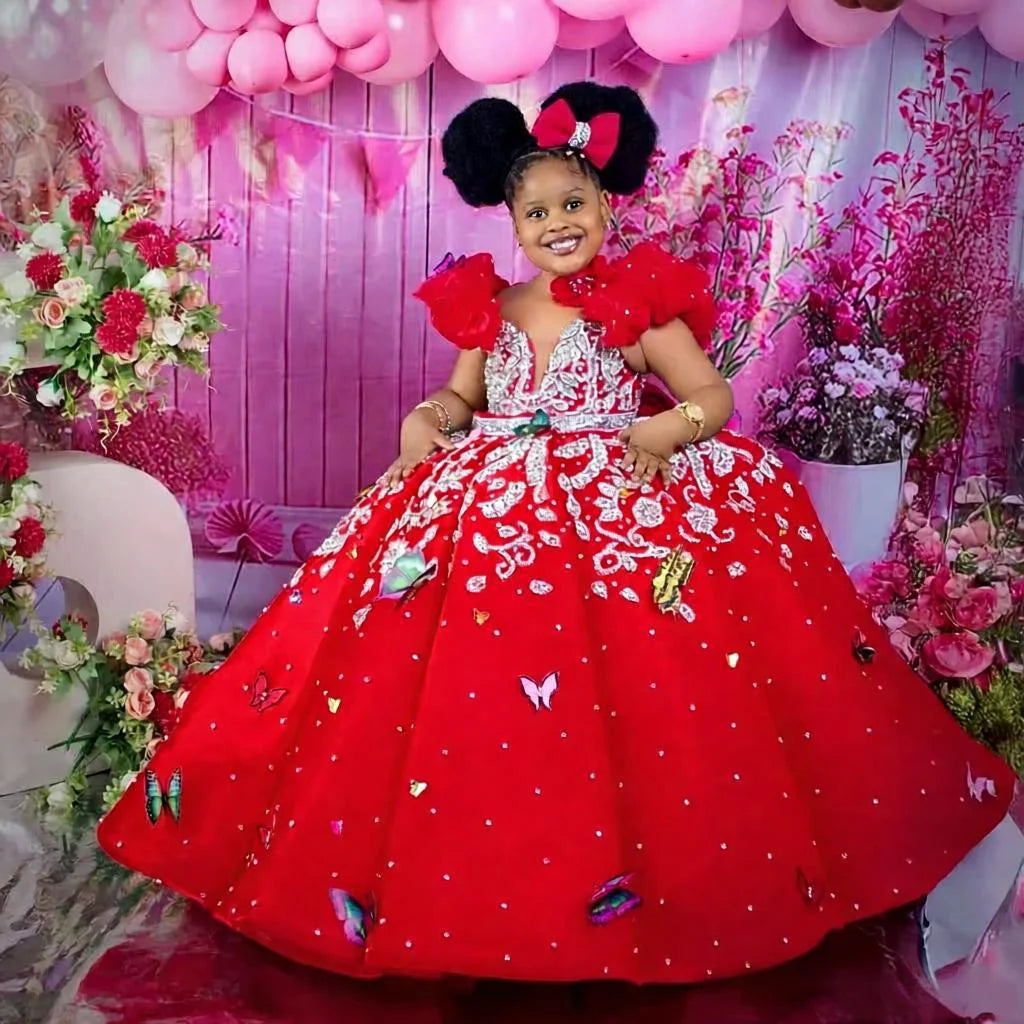 Luxury Beading Flower Girl Dresses Princess Hot Pink Customized Ball Gown Baby Girls First Birthday Party Pageant Dress