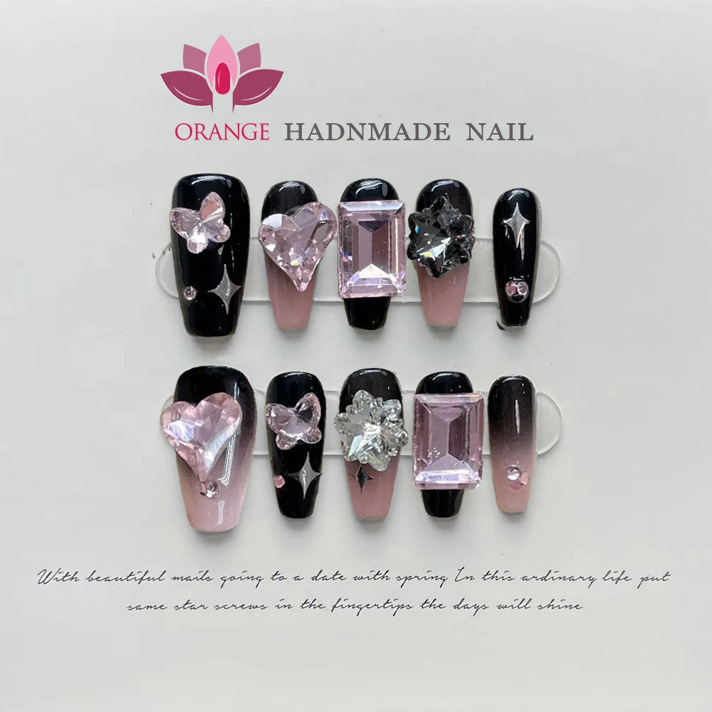 Handmade Black Nails Press Ons Decoration Fake Nails Stars Designed  Full Cover Artificial Manicuree Wearable Orange Nail Store