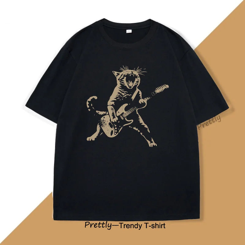 Rock Cat Playing Guitar T Shirt Funny Guitar Cat Tee Shirt Casual Round Neck Cotton Short Sleeve Tshirt Summer Street Trendy Top