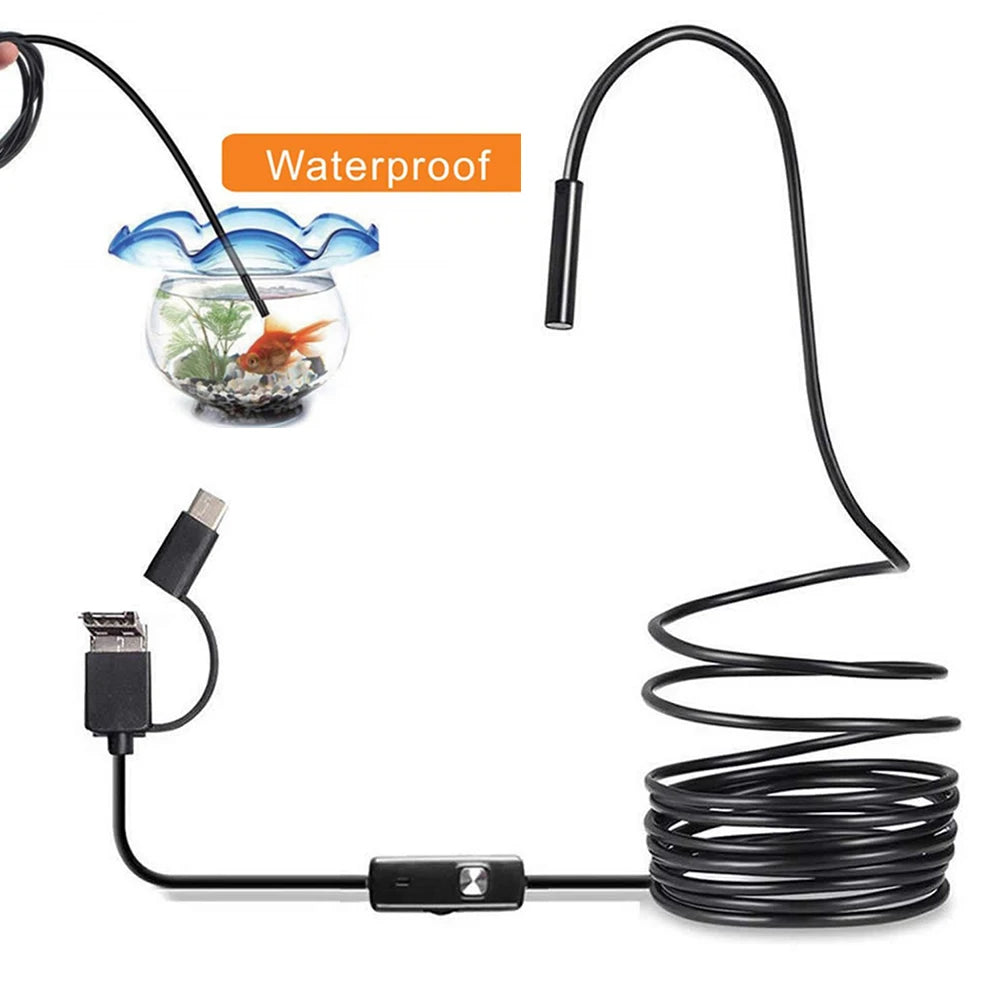 6 LED Light 7mm 1M  Endoscope Camera HD USB Type-C  3In1 Flexible Snake Soft Wire Cable Pipe Inspection Camera Borescope