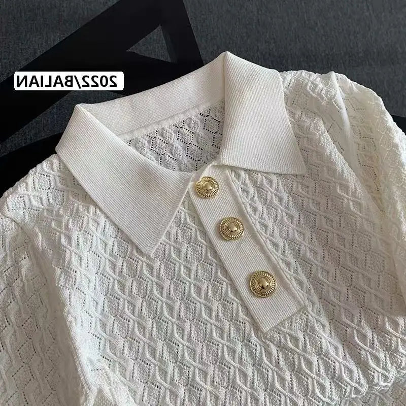 French High end Ice Silk Polo Shirt Women Summer Chic Thin Unique Jacquard Knitted Short Sleeve Loose White T-shirt Women Top
