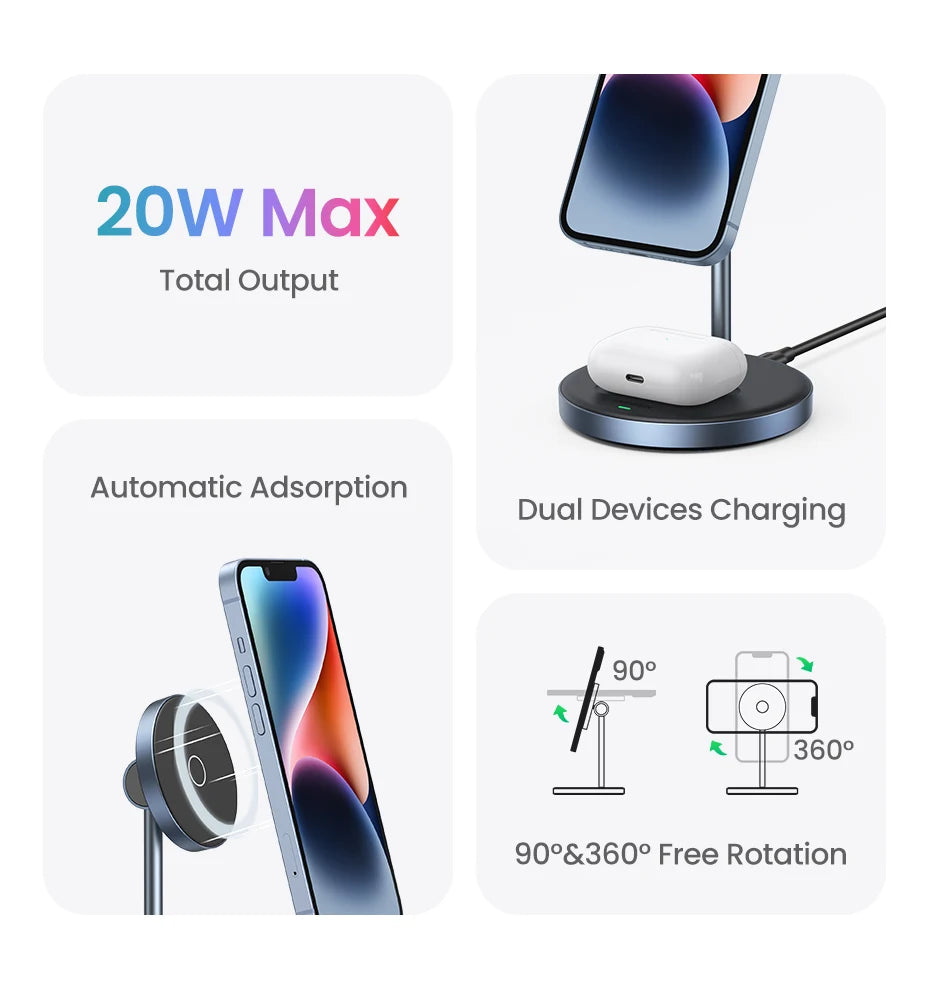 IL Special UGREEN Magnetic Wireless Charger 20W Max 2-in-1 Charging Stand For iPhone 14 Pro Max/iPhone 13/AirPods Fast Charger