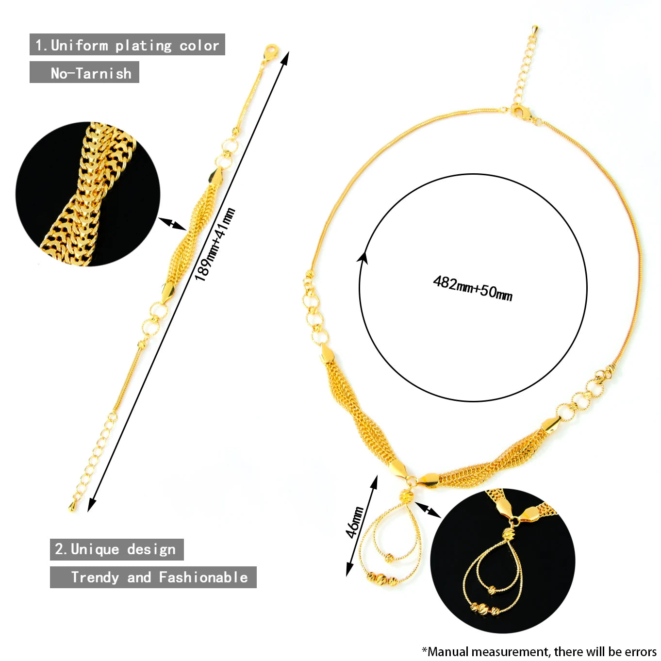 Dubai Fashion Waterdrop Jewelry Set 24k Gold Plated Arabic Exquisite Beads Necklace Bracelet Earrings Oman Bridal Jewelrys