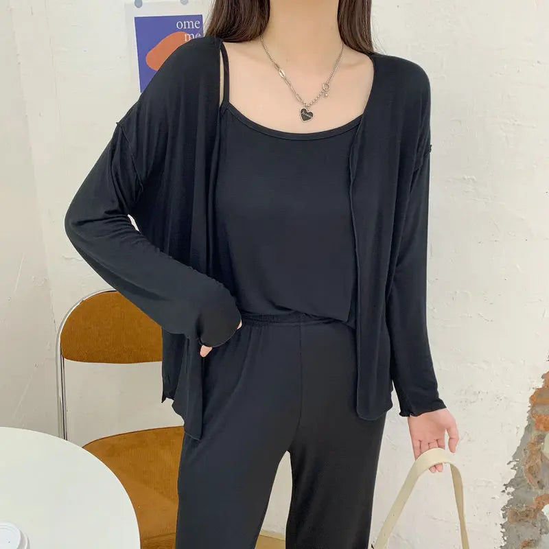 Fdfklak New Arrivals 3PCS Sleepwear Pajamas Set Lingerie Pyjamas Spring Summer Modal Soft And Comfortable Homewear