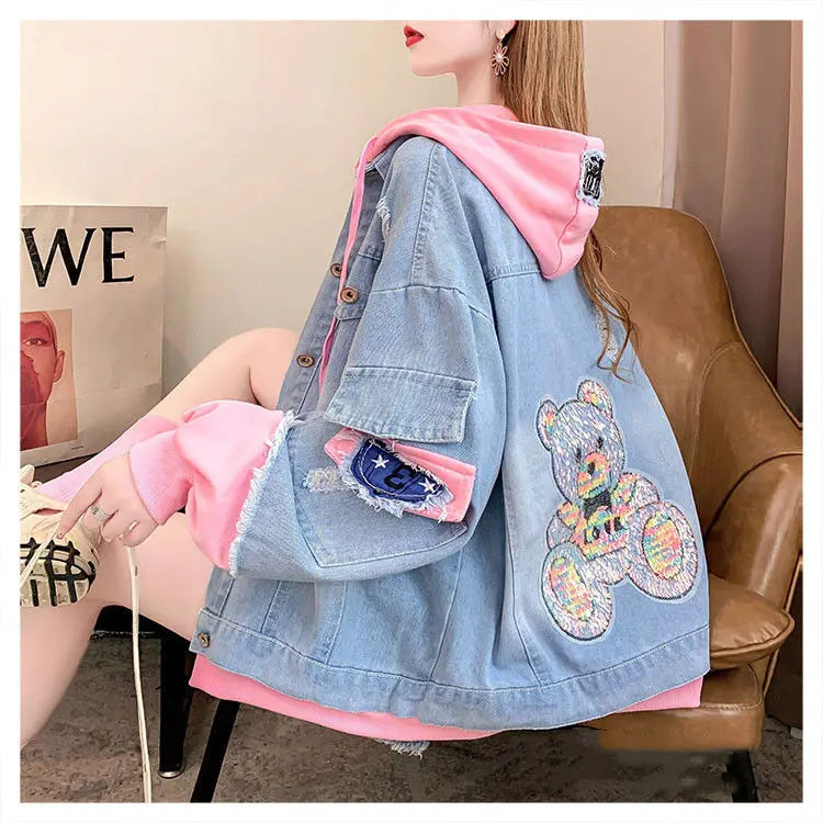 Women's Denim ort Jaet Spring Autumn New Sle Retro Hooded Loose Casual High Street Top Faion Versatile Loose Fit Jean...