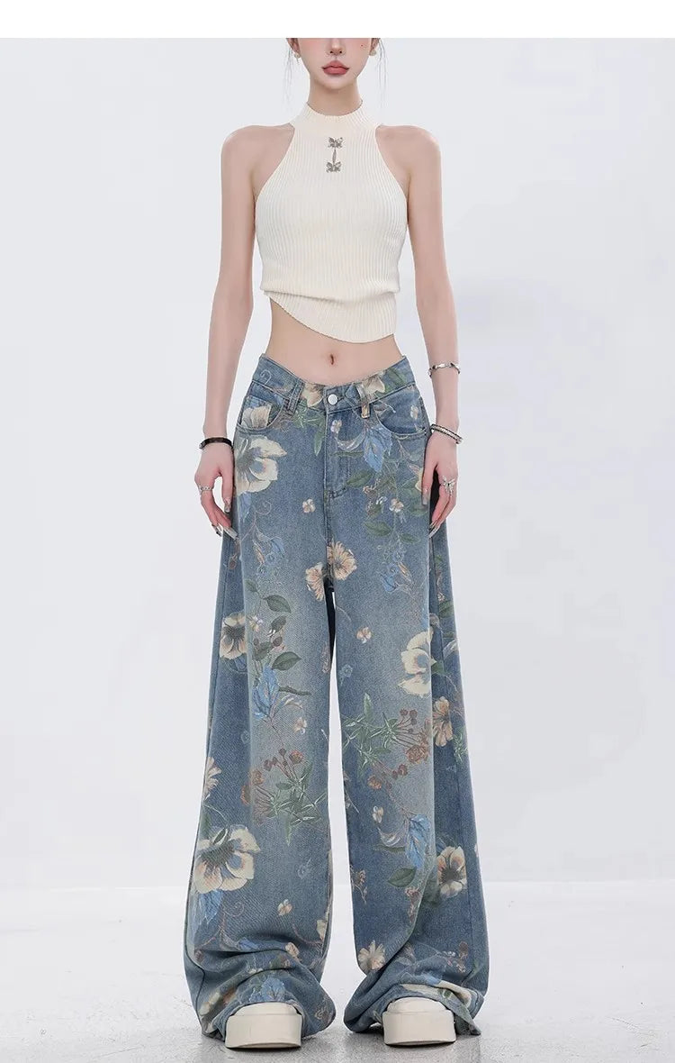 Fashion Printed Jeans 2025 Retro Floral Denim Mopping Trousers Korean Style High Street Loose Hip Hop Wide-leg Jean Pants