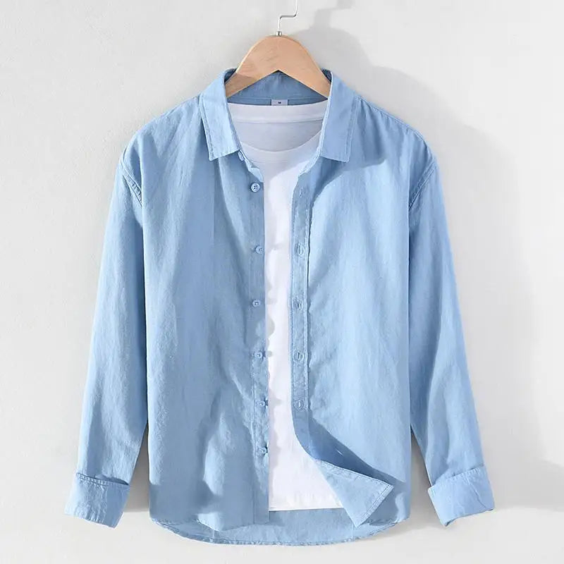 Vintage Men's Long-Sleeve Linen Shirt M-5XL Spring Summer Stand Collar Plain Color Single Breasted Streetwear