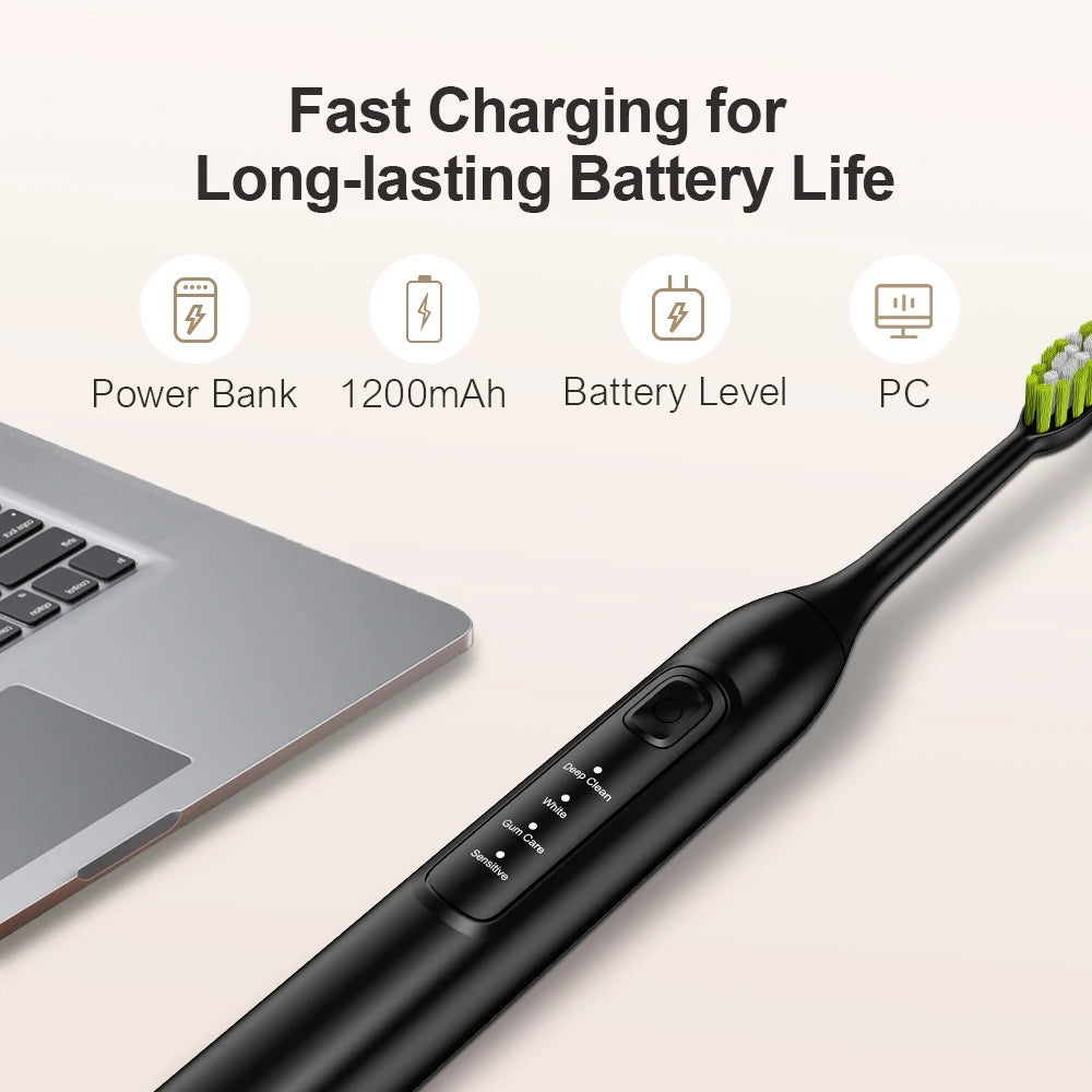 Electric sonic toothbrush with 6 toothbrush heads, USB rechargeable waterproof electric toothbrush, portable for travel