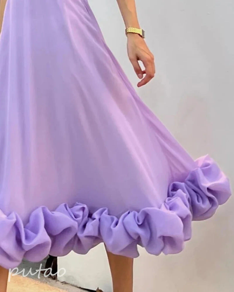 Putao Prom Dresses Fashion Square Empire Summer Party Dress Tea Length Sleeveless Chiffon Ruched Formal Evening Gowns платье жен