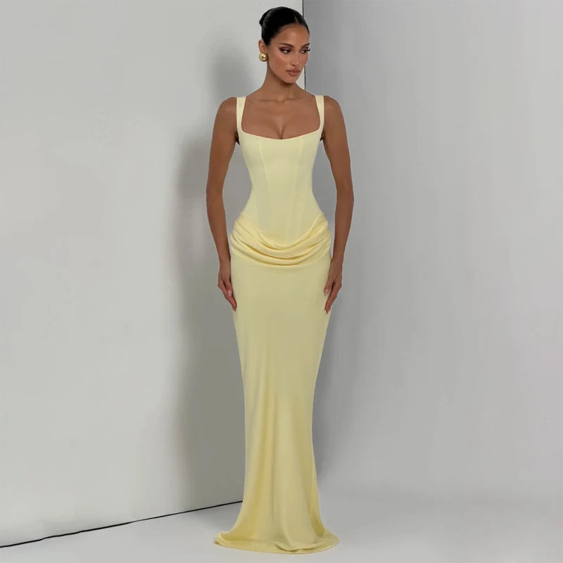 Yellow Strapless Pleated Dress Women Elegant Sexy Sleeveless Waist Cinching Split Maxi Gowns 2026 Lady New Evening Party Dresses