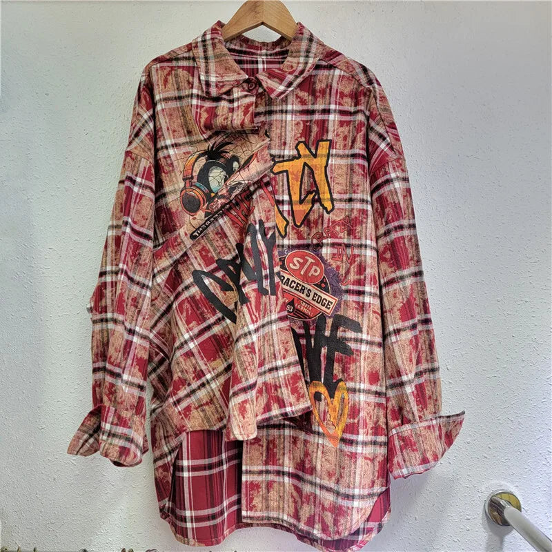 WTHT New Fashion Women's Cartoon Print Plaid Shirts 2024 Winter Trendy Single Breasted Long Sleeves Blouse Female 1LS419