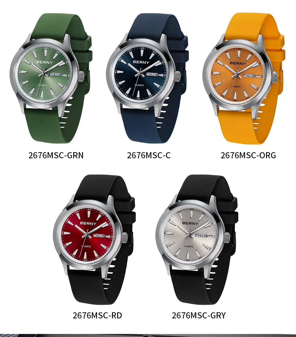 BERNY Watches for Men 40mm Luminous Elegance Dress Quartz Watch Calendar Week Luxury Waterproof Casual Business Men's Wristwatch