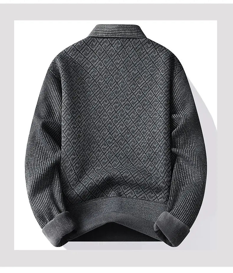 Winter Warm Thick Pullovers Men Polo Neck Fake Two Pieces Sweaters Fashion Casual Striped Fleece Lined Jumper Knitting Sweaters