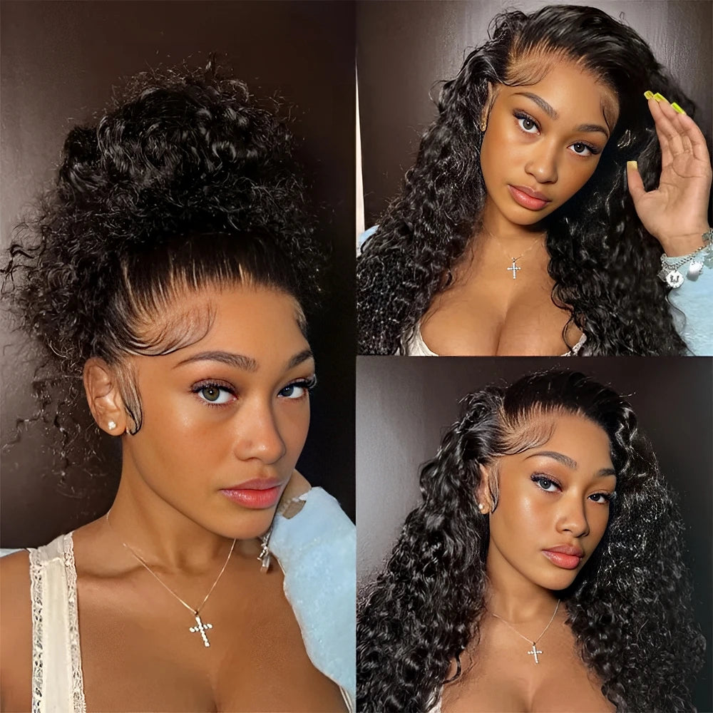 Water Wave Curly Wig 250 Density 360 HD Lace Invisi Strap Glueless Natural Black Human Hair Pre Plucked Wig for Black Women Wigs