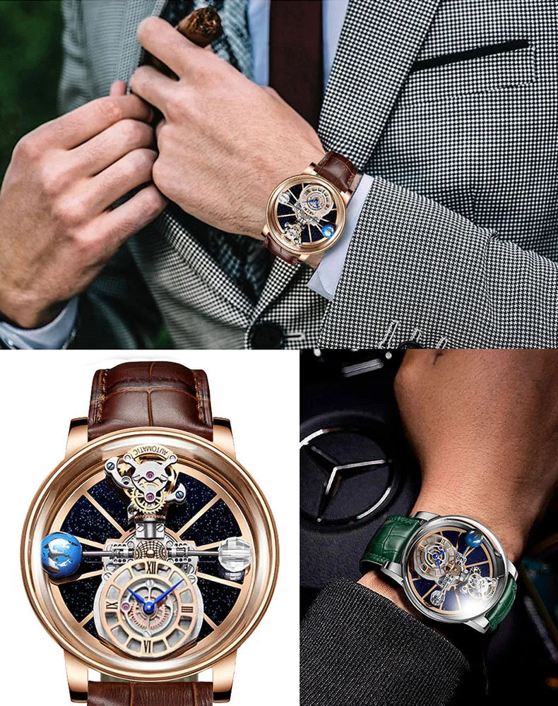 PINDU Design Watches Man Starry Sky Watch For Men Quartz Wristwatches Clock Earth Theme Design Man Watch Celestial Body Series