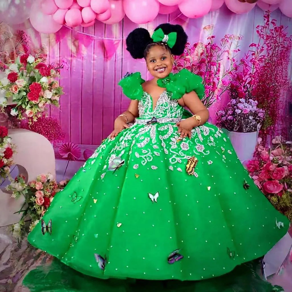 Luxury Beading Flower Girl Dresses Princess Hot Pink Customized Ball Gown Baby Girls First Birthday Party Pageant Dress