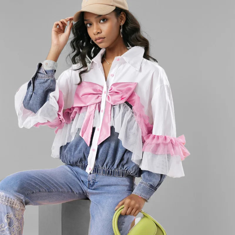WTHT Fashion Women's Spliced Bows Mesh Edge Denim Jacket 2025 Spring Trendy Lapel Long Sleeves Loose Coat Female 1LS951