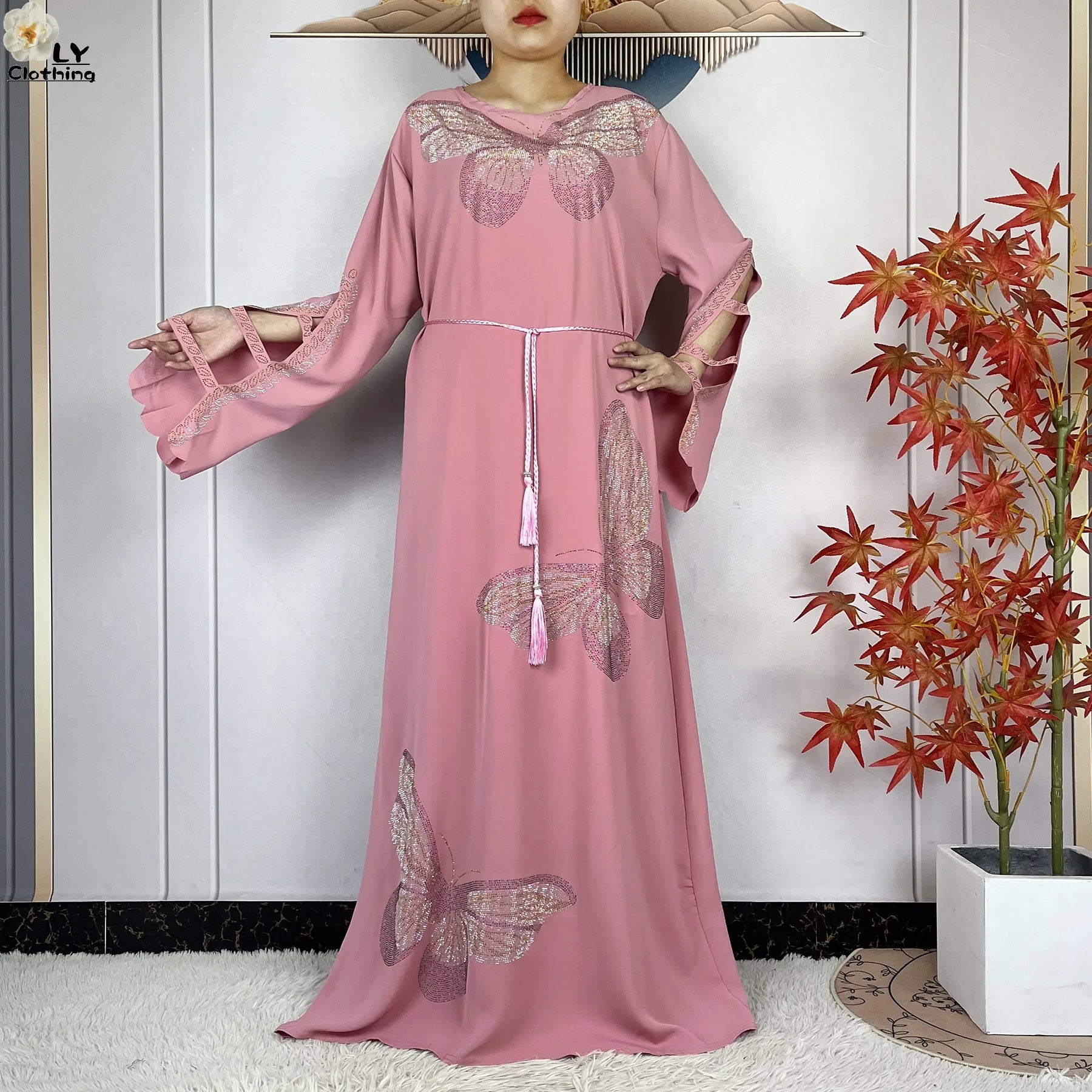 2025New Dubai Muslim Women Elegant Dress African Abaya Loose Butterfly Pattern Diamond Islamic Long Sleeve Turkey Femme Clothing