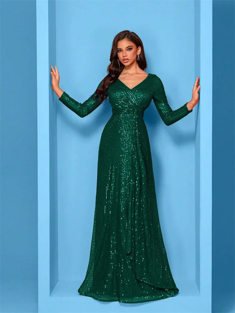Plus Size Luxury V-Neck Long Sleeves Sequins Evening Dresses Women Elegant Wedding Party Maxi Cocktail Graduation Gowns