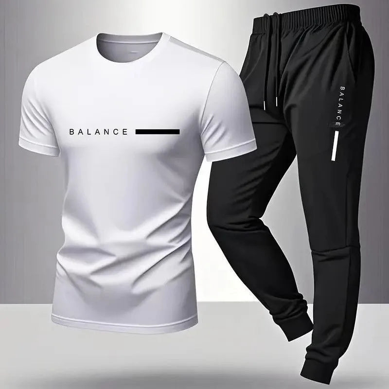 Summer New Fashion Trend Printed Sports Fitness Short-Sleeved T-shirt Long Pants Set Men's Loose Sports Large Size Two-Piece Set