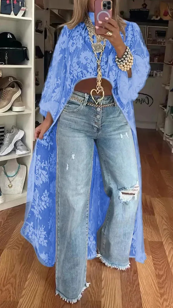 Spring Summer Fashion Solid Color Lace Blouses Women Sexy Perspective High Neck Irregular Holiday Tops Elegant Dress Women Y2k