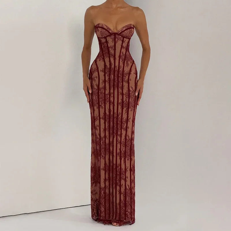 Women Strapless Tulle Fishbone Dress Backless Off Shoulder Printed Patchwork Slim Maxi Dresses 2026 Lady Chic Party Evening Gown