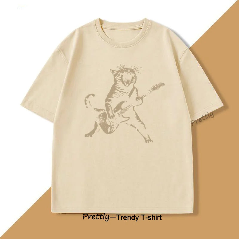 Rock Cat Playing Guitar T Shirt Funny Guitar Cat Tee Shirt Casual Round Neck Cotton Short Sleeve Tshirt Summer Street Trendy Top