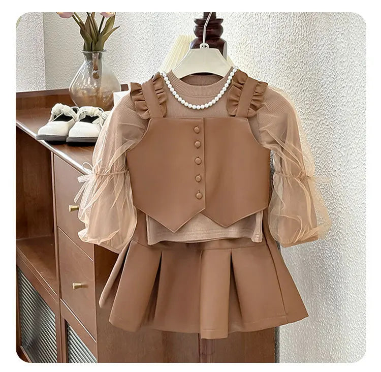 New Girls' Autumn Western Style Little Girls' Leather Two-Piece Suit Fashionable Children's Bottoming Shirt Trendy