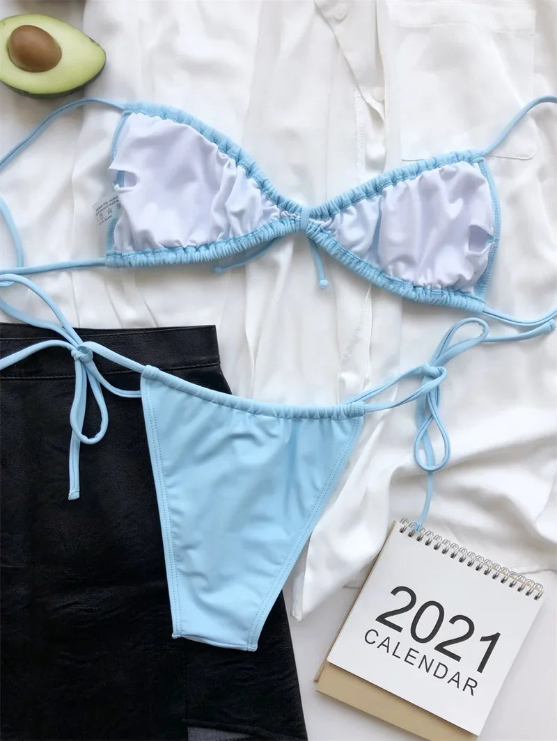Sexy Wrinkled Micro Mini Thong Bikini Female Swimsuit Women Swimwear Two-pieces Bikini set Bather Bathing Suit Swim Beach Wear