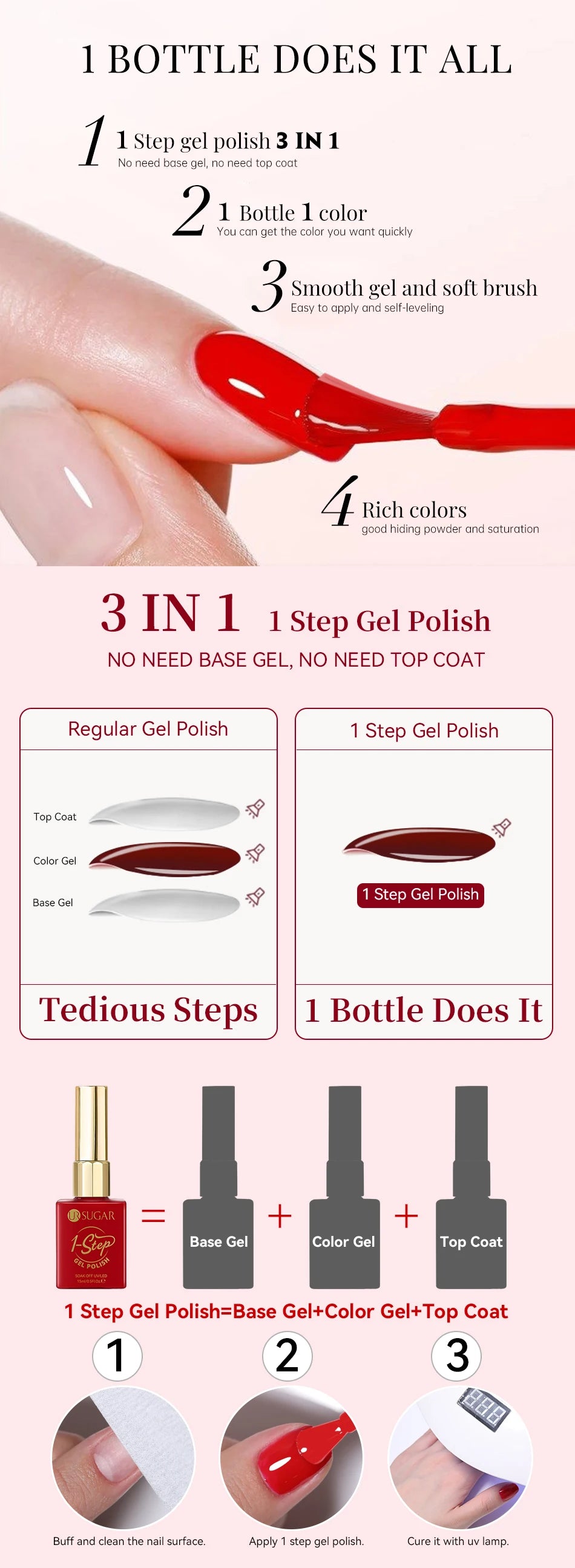 UR SUGAR 15ml 1 Step Gel Polish  Nail Art Manicure 3 IN 1 Gel Soak Off LED UV Gel Nail Varnishes No Need base top gel