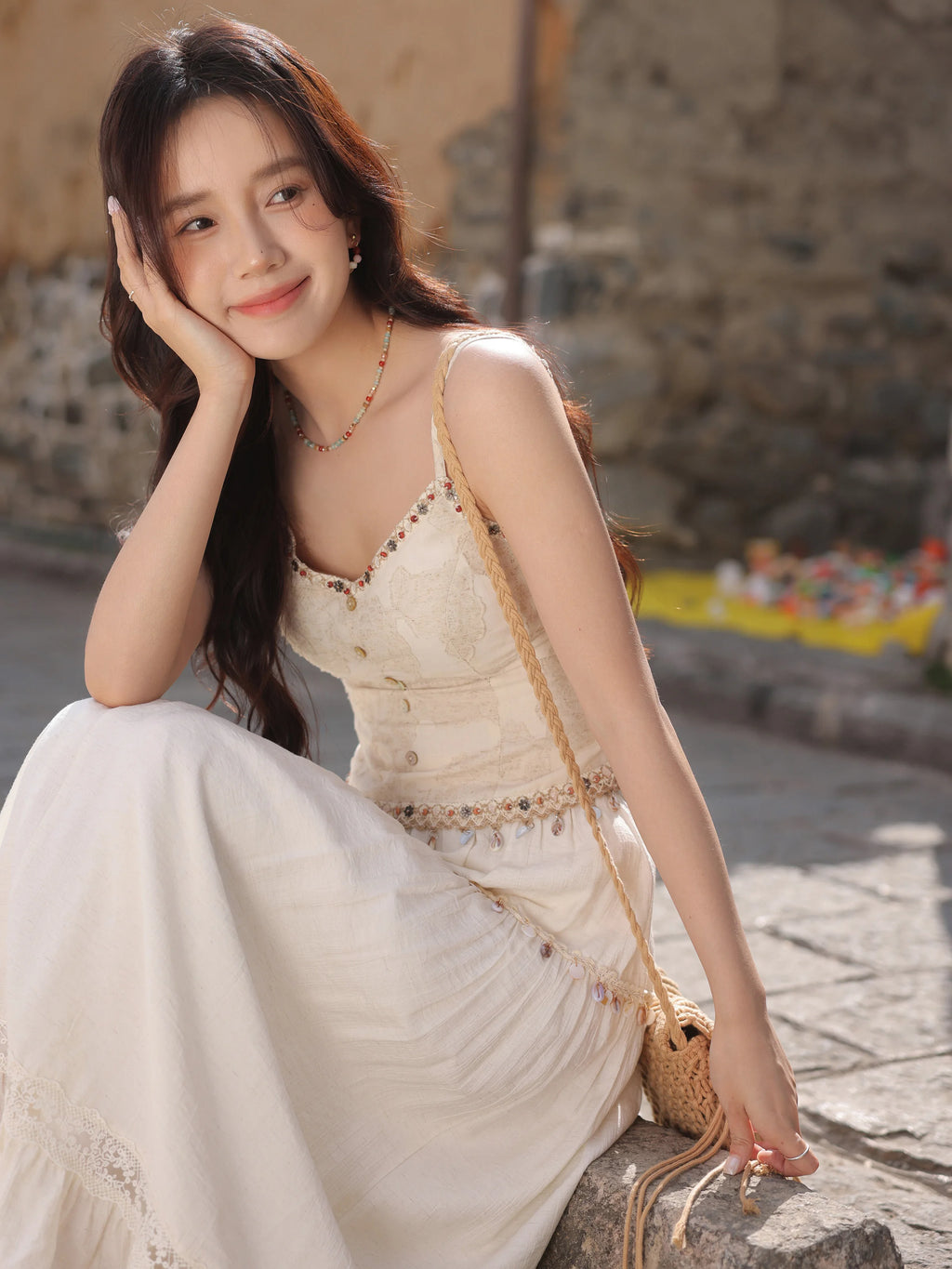 White Lace Three-Piece Set Spring Summer Slim Fit V-Neck Lace Cami Top High-Waisted A-Line Maxi Skirt Chic Red Fashion Shirt