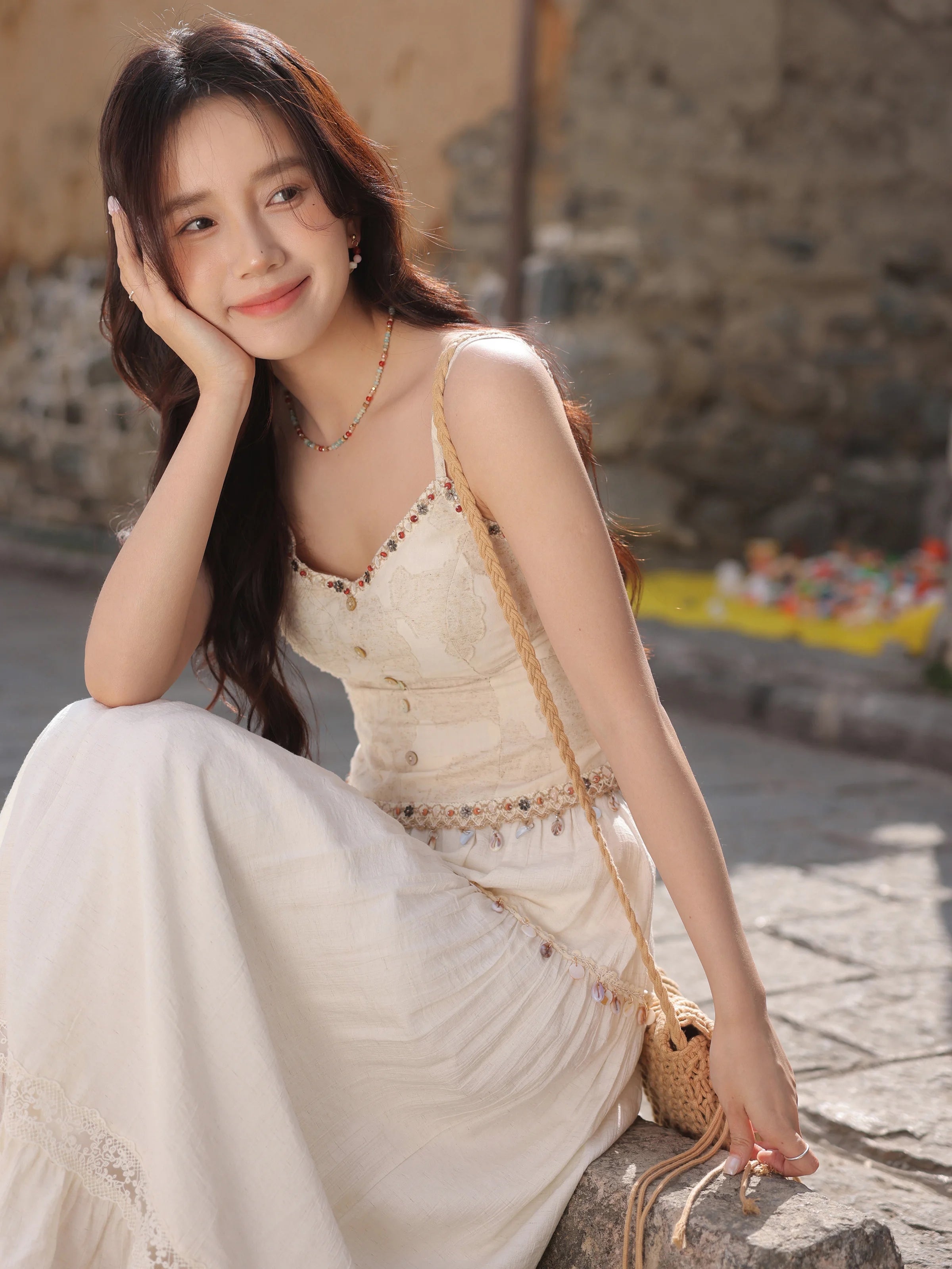 White Lace Three-Piece Set Spring Summer Slim Fit V-Neck Lace Cami Top High-Waisted A-Line Maxi Skirt Chic Red Fashion Shirt